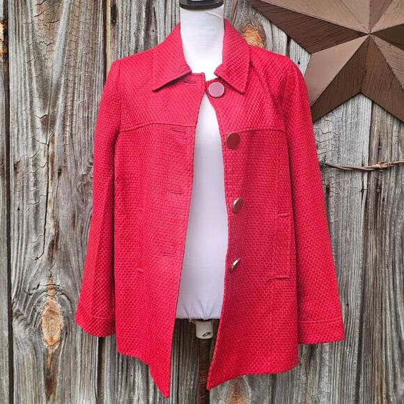 Large Gloss Button Detail Blazer Red Basketweave Jacket Harve Benard Size 12 - Picture 1 of 10